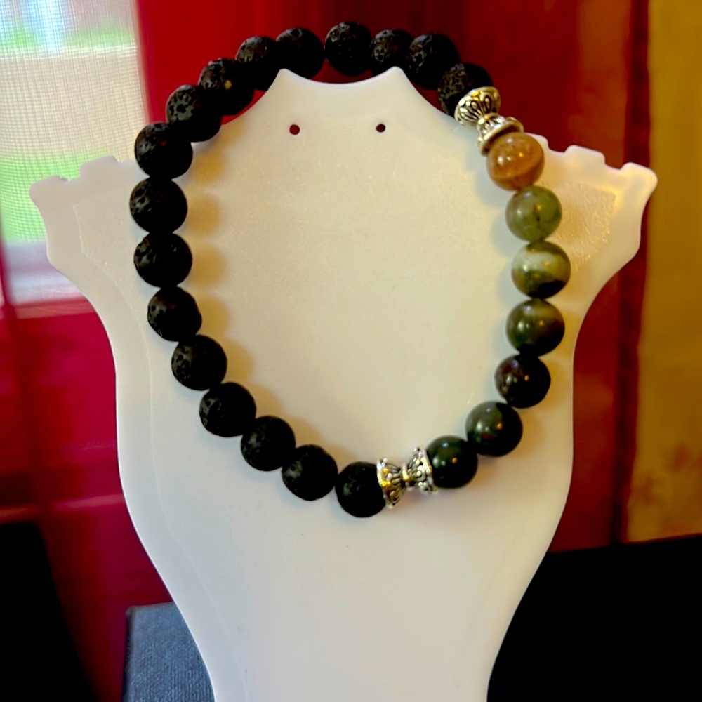 Hand crafted men’s bracelet w lava stone & blood stones.